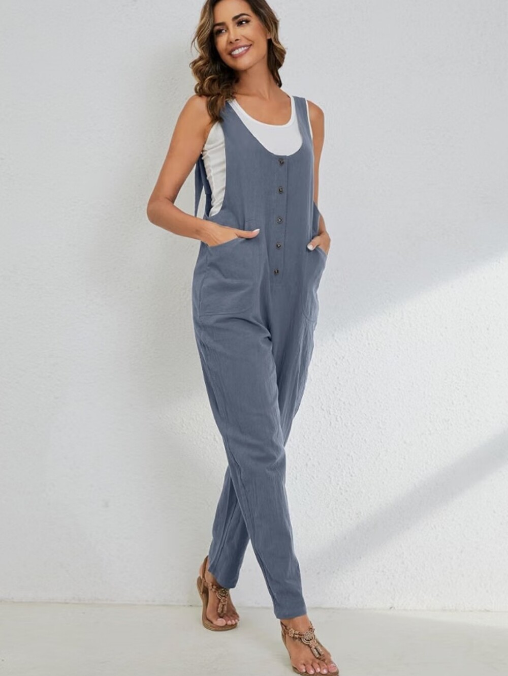 Womens Overalls Linen Cotton Jumpsuit Loose Casual Jumper Pockets Medium